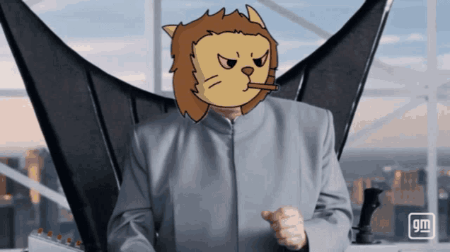 a man in a suit with a lion head on his head