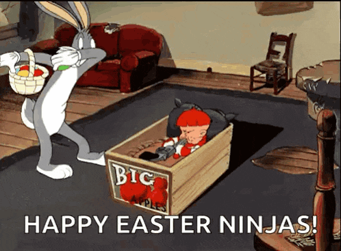 bugs bunny is standing next to a box of big apples in a cartoon .