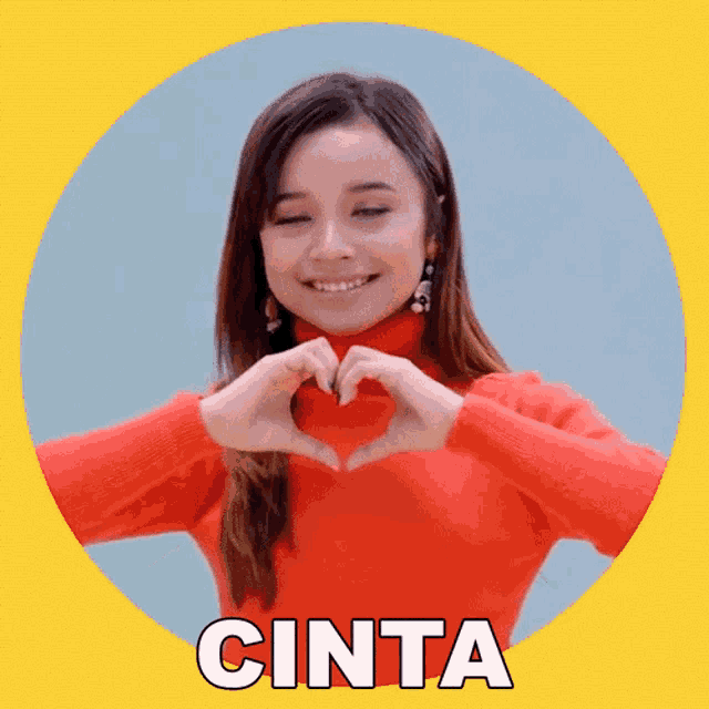 a woman in a red sweater is making a heart shape with her hands and the word cinta is on the bottom