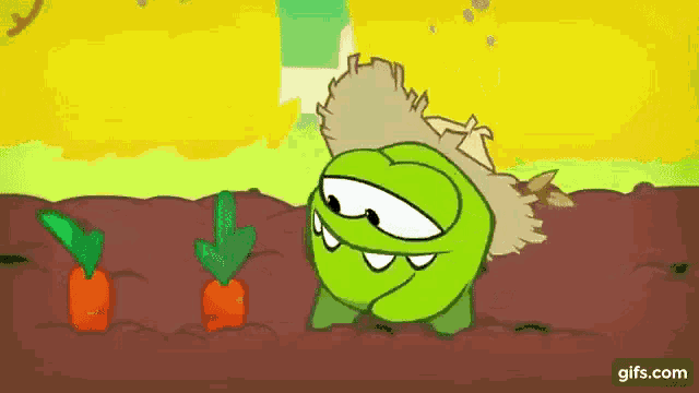 a cartoon character is standing in a field with carrots .