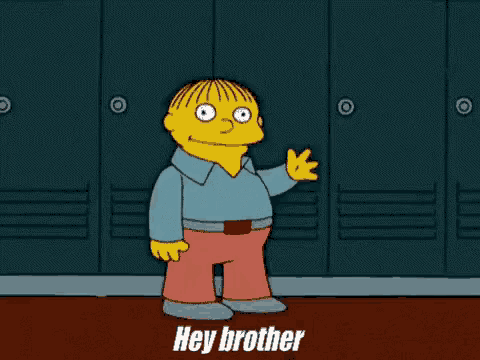 ralph from the simpsons is standing in front of a row of lockers and says hey brother