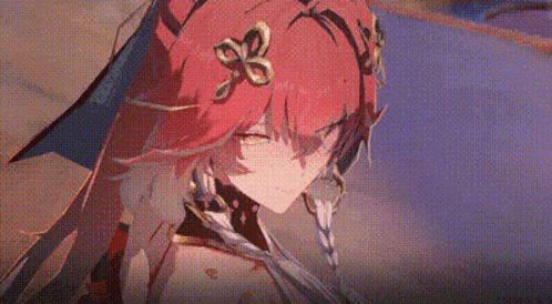 a close up of a red haired anime girl with a braid and a flower in her hair .