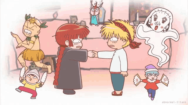 a cartoon drawing of a group of people with abnormal-titans written on the bottom right