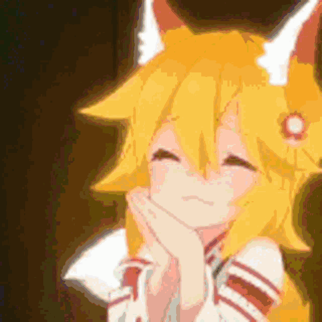 a close up of a fox girl with yellow hair and white ears .