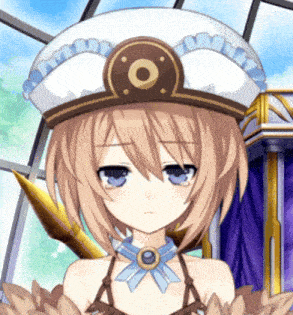 a girl with blue eyes and a white hat with a circle on it