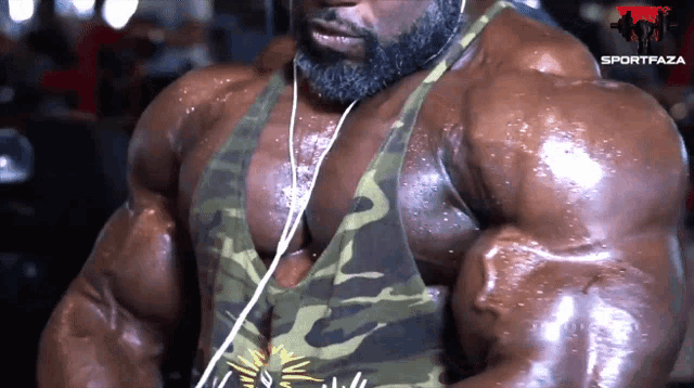 a bodybuilder wearing a camo tank top with the word sport on the bottom right