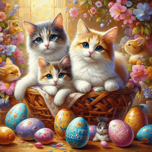 a painting of three kittens sitting in a basket surrounded by easter eggs that say happy easter