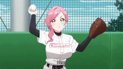 a girl with pink hair is wearing a baseball uniform that says ohananomitsu