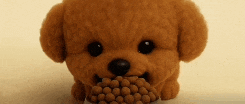 a stuffed animal poodle is eating a bowl of food .