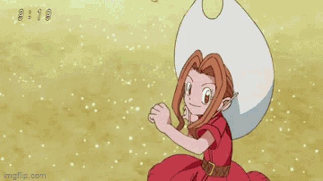 a girl in a red dress is holding a device in her hand .