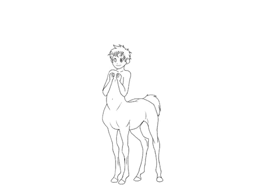 a black and white drawing of a centaur standing next to a horse with a tail .