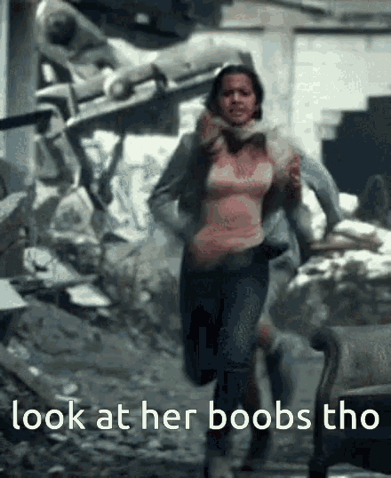 a picture of a woman running with the words look at her boobs tho on the bottom