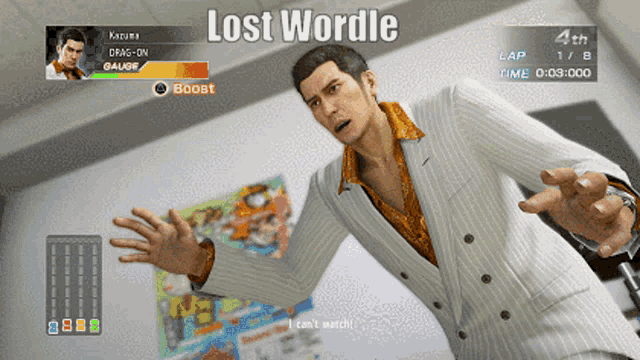 a man in a suit is standing in front of a sign that says lost wordle on it