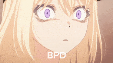 a close up of a blonde anime girl with purple eyes and the word bpd below her