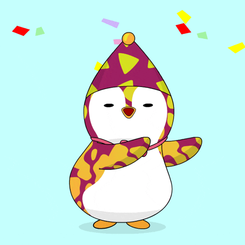 a cartoon penguin wearing a party hat and scarf is surrounded by confetti