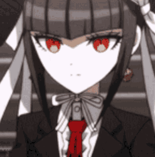 a girl with red eyes is wearing a suit and tie