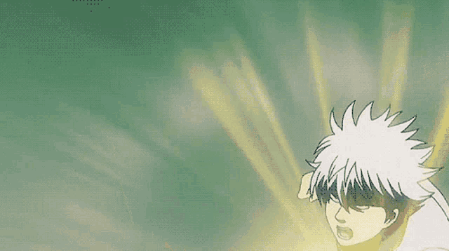 a cartoon character with white hair is screaming with a green background behind him