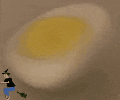 a cartoon of a witch on a broom with a large egg in the background