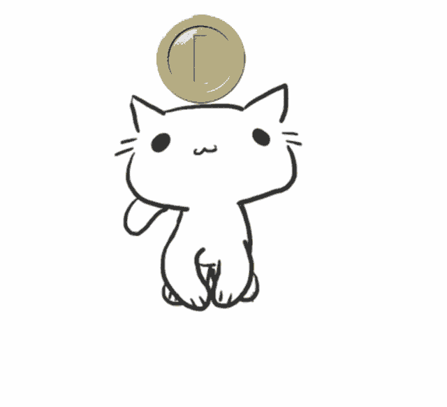 a drawing of a cat with a coin on its head with the letter i on it
