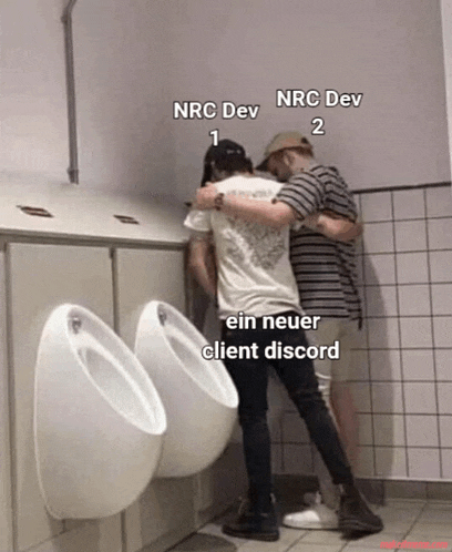 two men hugging in a public restroom with nrc dev 1 nrc dev 2 and ein neuer client discord