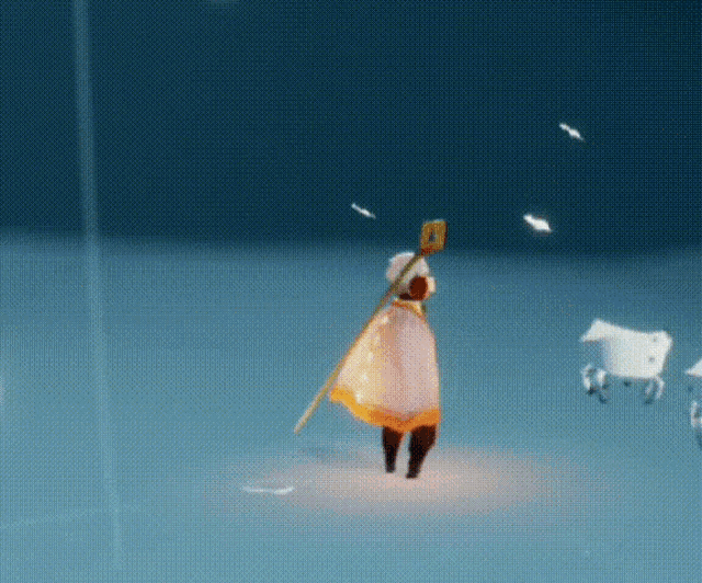 a person is holding a stick in a video game while standing in the snow .