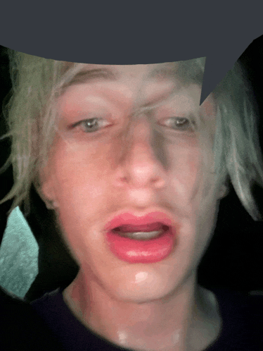 a close up of a person 's face with a speech bubble in the background