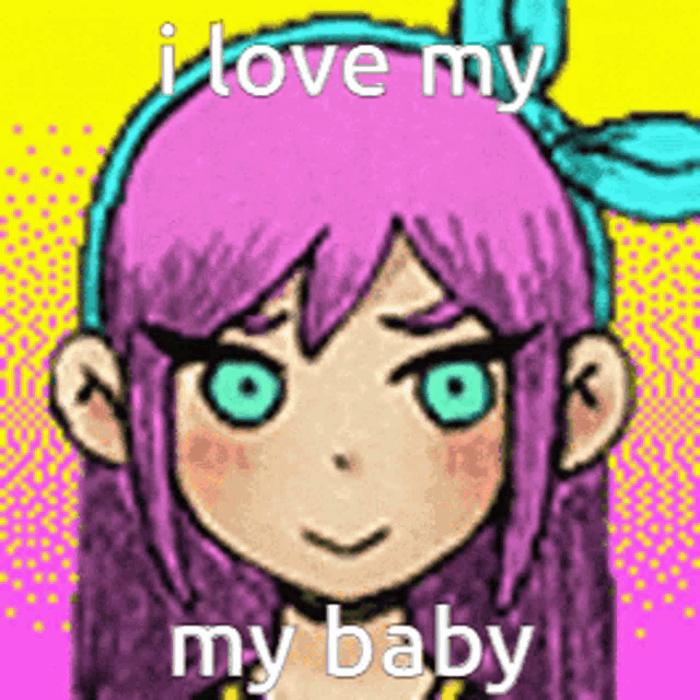 a cartoon girl with purple hair and blue eyes is smiling and says i love my baby .