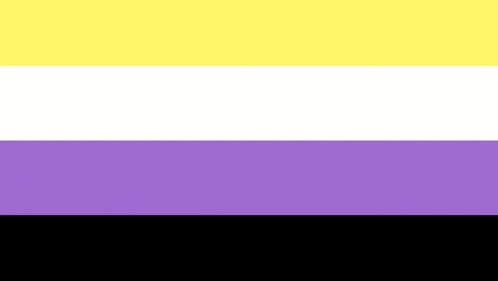 the non binary flag is yellow , white , and purple with a black stripe in the middle .