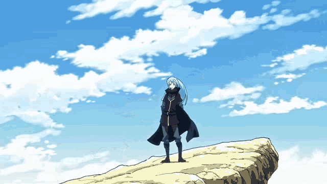 a cartoon character with blue hair is standing on a rocky cliff