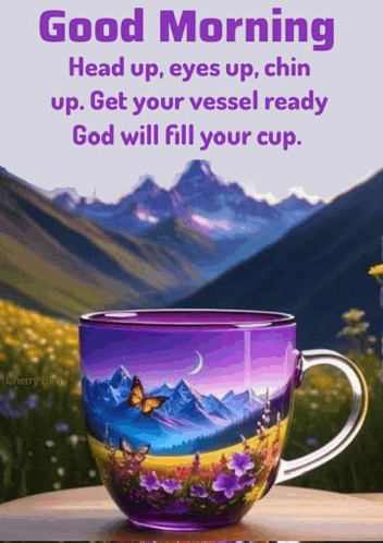 a purple cup with a butterfly on it is on a table with a good morning message