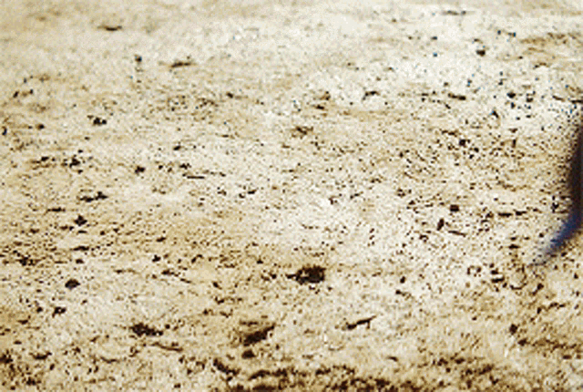 a close up of a dirt ground with a shadow of a person