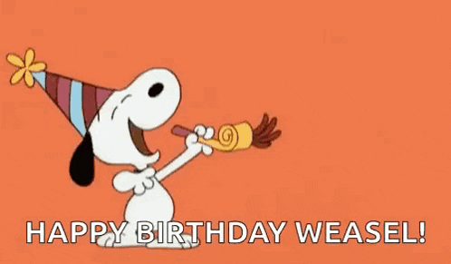 snoopy is blowing a party horn and saying happy birthday weasel