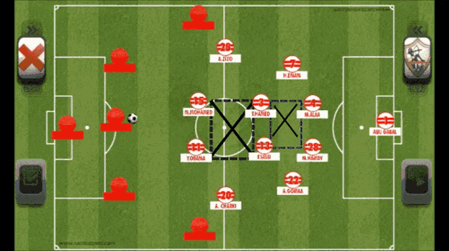 a soccer game is being played on a green field and the players are lined up in red