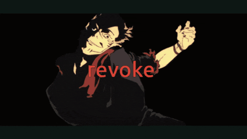 a black and white drawing of a person jumping in the air with the word revoke in red
