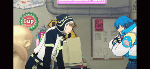 two anime characters standing next to each other in front of a sign that says luup