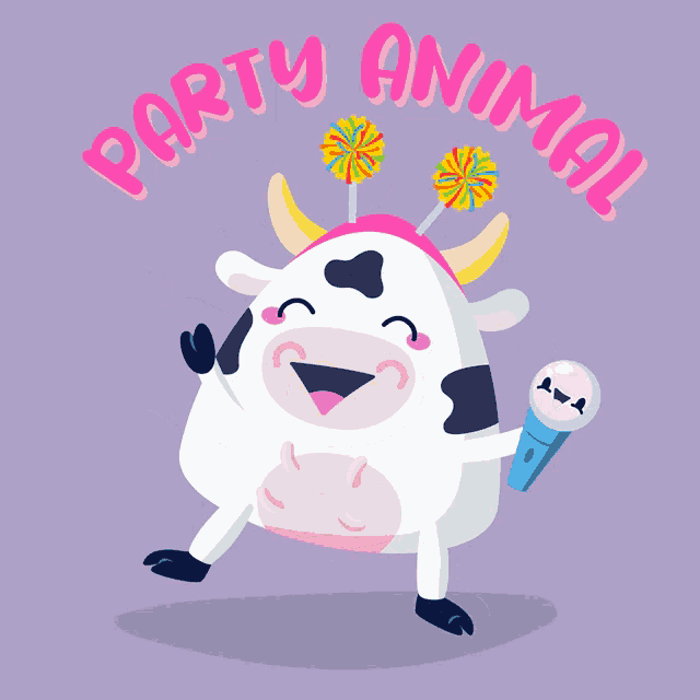 an illustration of a cow holding a microphone and wearing a headband with lollipops on it