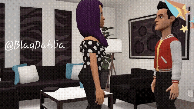 a cartoon of a man and a woman standing in a living room with the name blaqpahlia on the bottom right