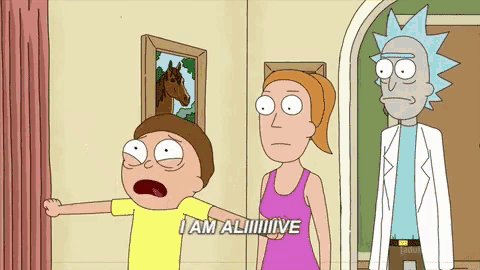 a cartoon of rick and morty says i am aiiiiive