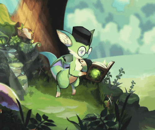 a cartoon drawing of a dragon wearing glasses and a hat reading a book