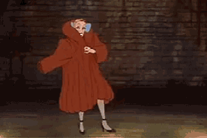 a woman in a white dress and blue tie is dancing in front of a brick wall