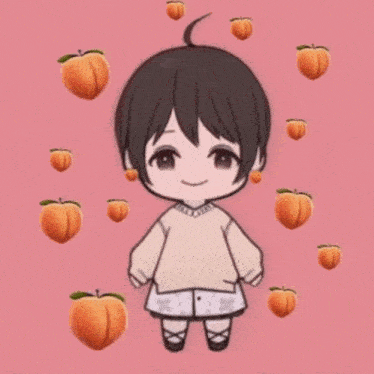 a little girl is surrounded by peach emojis .