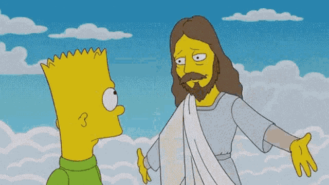 a cartoon of bart simpson talking to jesus who is holding a log