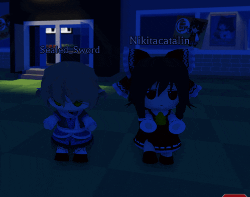 a couple of dolls standing next to each other with the name sealed_sword on the top right