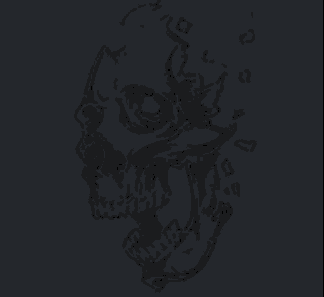 a black and white drawing of a skull with glowing eyes