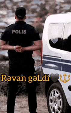 a police officer stands in front of a van that says polis on the back
