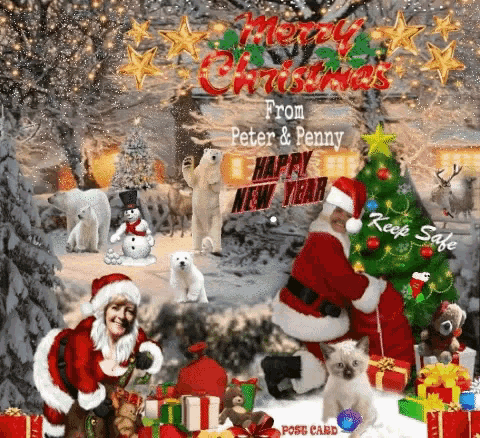 a christmas card from peter and penny with santa and animals