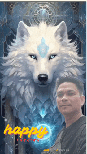 a man poses in front of a painting of a white wolf with the words happy tasking written on the bottom