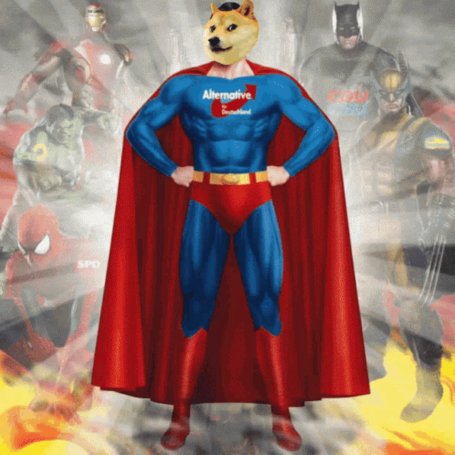 a doge wearing a superman costume with alternative deutschland written on it