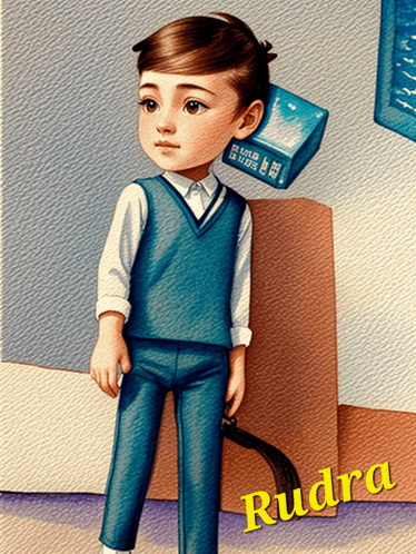 a drawing of a boy named rudra with a phone on his head