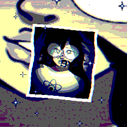 a pixelated drawing of a girl with glasses and a flower in her mouth